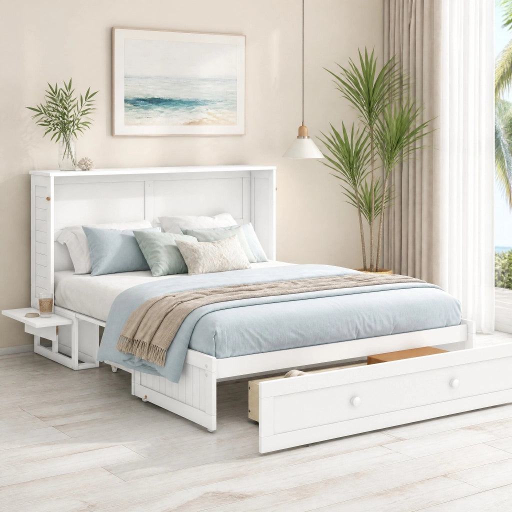 LETTO A SCOMPARSA 140x200 cm Bianco in pino e MDF con cassetto e ripiani