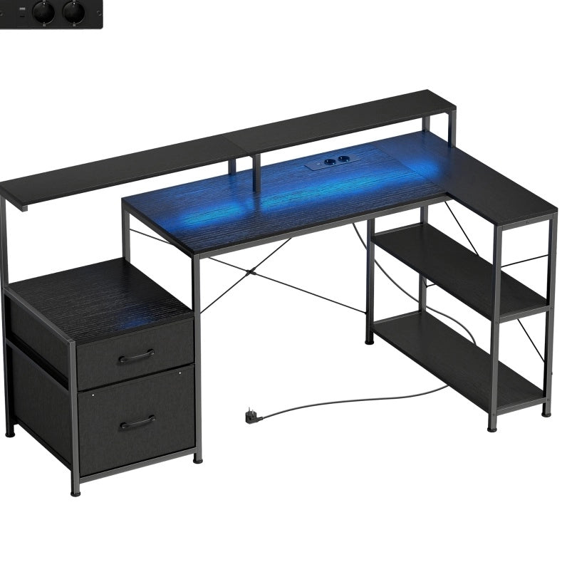 Scrivania gaming a L con LED, prese e supporto doppio