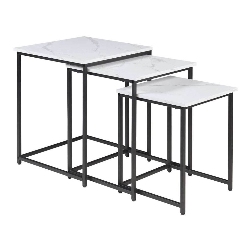 Set Trollhättan di 3 Tavolini Sovrapponibili con Piani Quadrati - Effetto Marmo Bianco [en.casa]