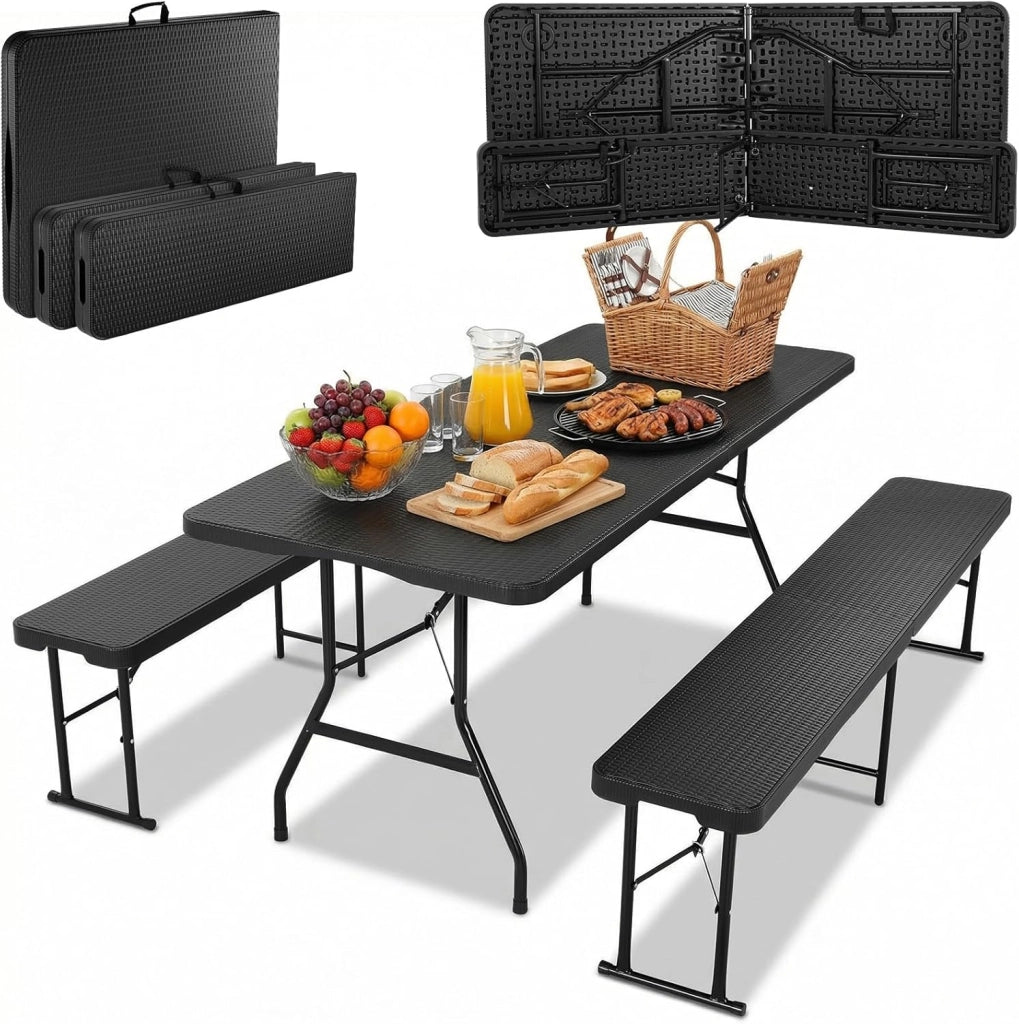 Set Tenda da Birra da 3 Pezzi 180cm, 1 Tavolo e 2 Panche Pieghevoli, Set di Mobili da Giardino in Plastica HDPE, Set Birreria con Manico di Trasporto, per Campeggio Picnic Esterno, Ottica in Legno
