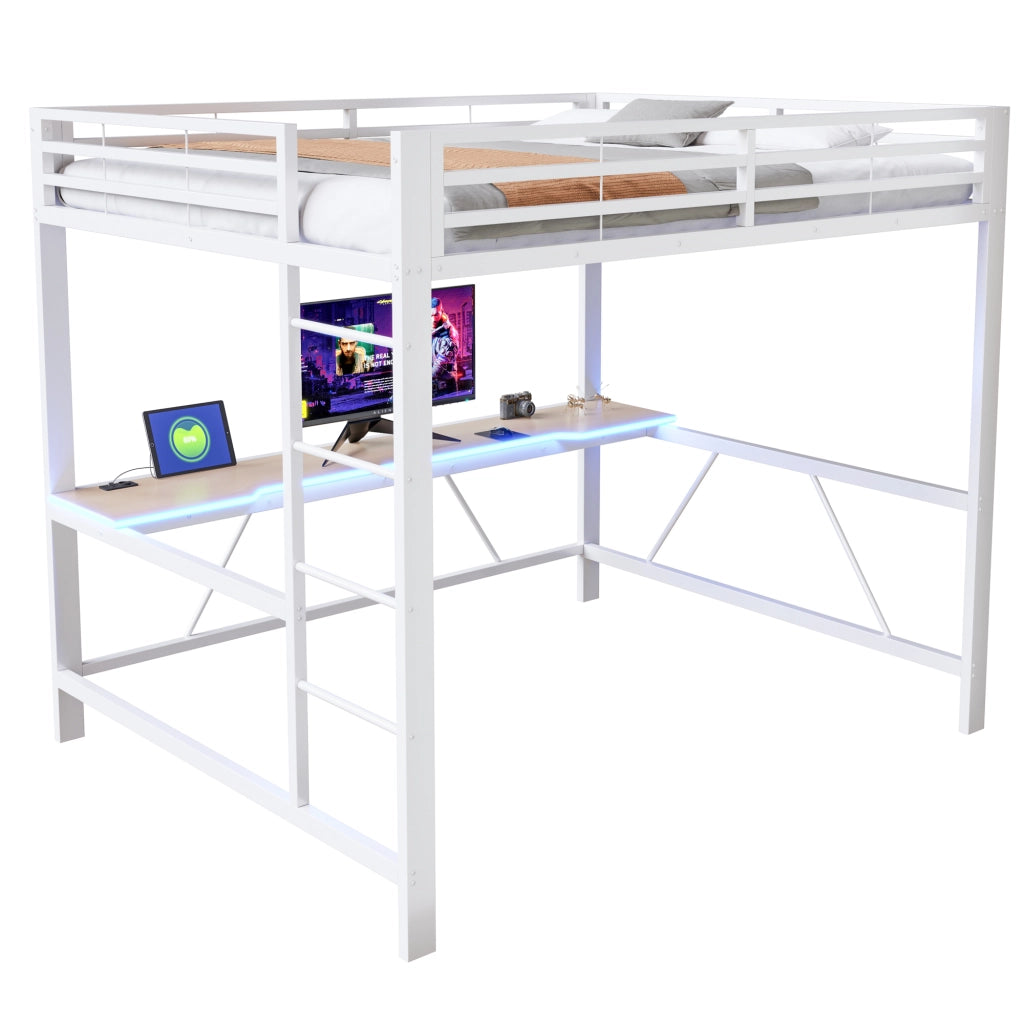 Letto a Soppalco 160x200 cm; Letto Singolo con Scrivania; LED; Guardrail - in Metallo; Bianco