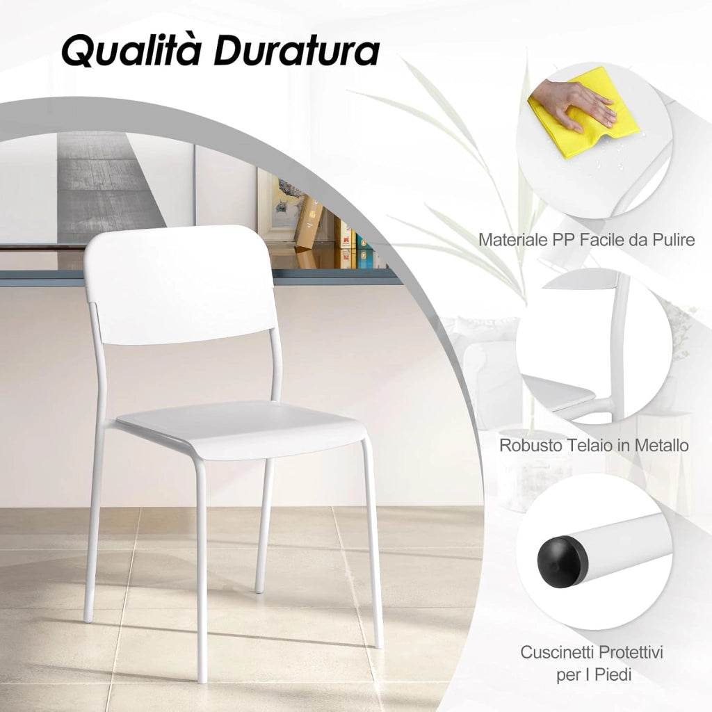 Set 4 Sedie Sala da Pranzo Moderno, Sedie da Cucina Accumulabili con Schienale Inclinato e Gambe Metalliche Robuste, Set di Sedie per Soggiorno, 48,5 x 44,5 x 81 cm (Bianco)