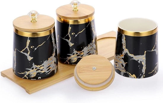 Cassa di conservazione in ceramica nera con coperchio in legno e piatto di servizio - contenitori di conservazione a chiusura ermetica 3 pezzi per caffè, tè e zucchero - contenitori di conservazione con coperchio in legno e maniglia in vetro