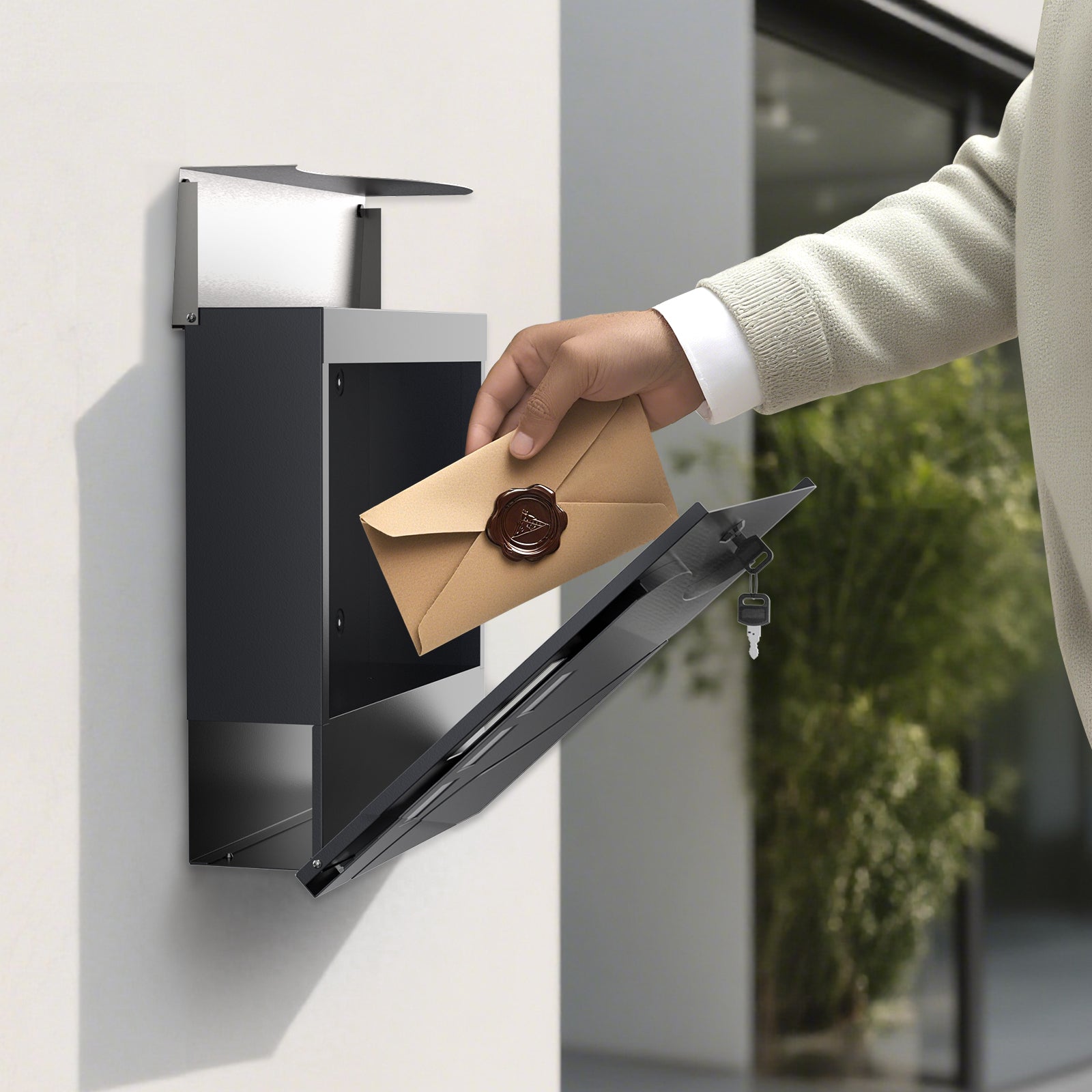 Cassetta postale con vano portagiornale V28 antracite e acciaio inox 370 x 102 x 370 mm