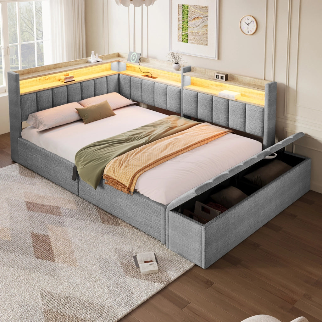 Letto contenitore 140x200 in velluto grigio con luce LED RGB e USB