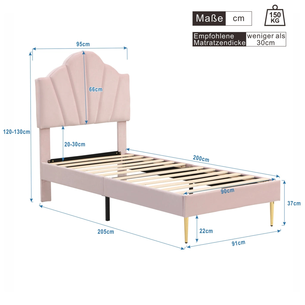 Letto imbottito rosa 90x200 cm in velluto con testiera regolabile