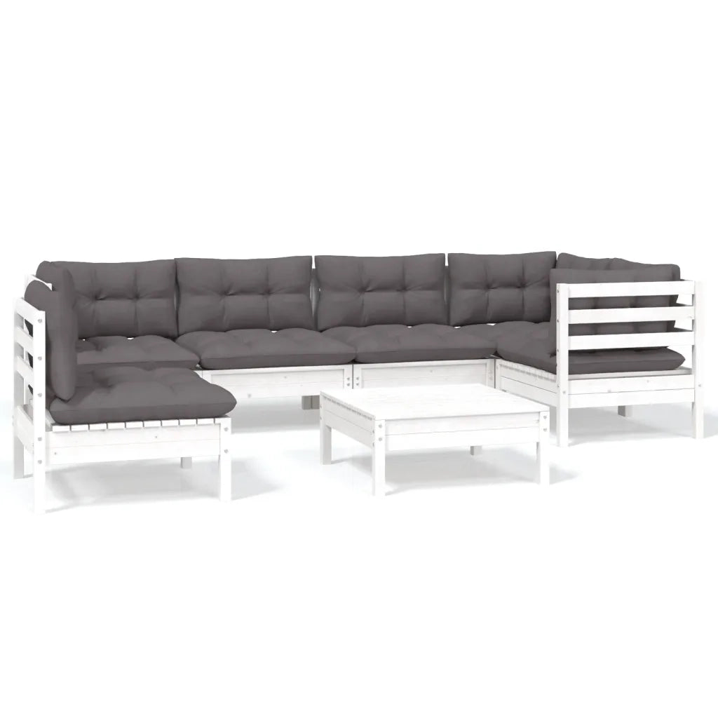 Set Divani da Giardino 7 pz con Cuscini Bianchi Legno di Pino 3096425