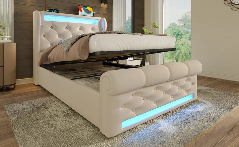 Letto singolo imbottito 90x200 cm beige in velluto con LED, porta USB e Type-C, contenitore idraulico