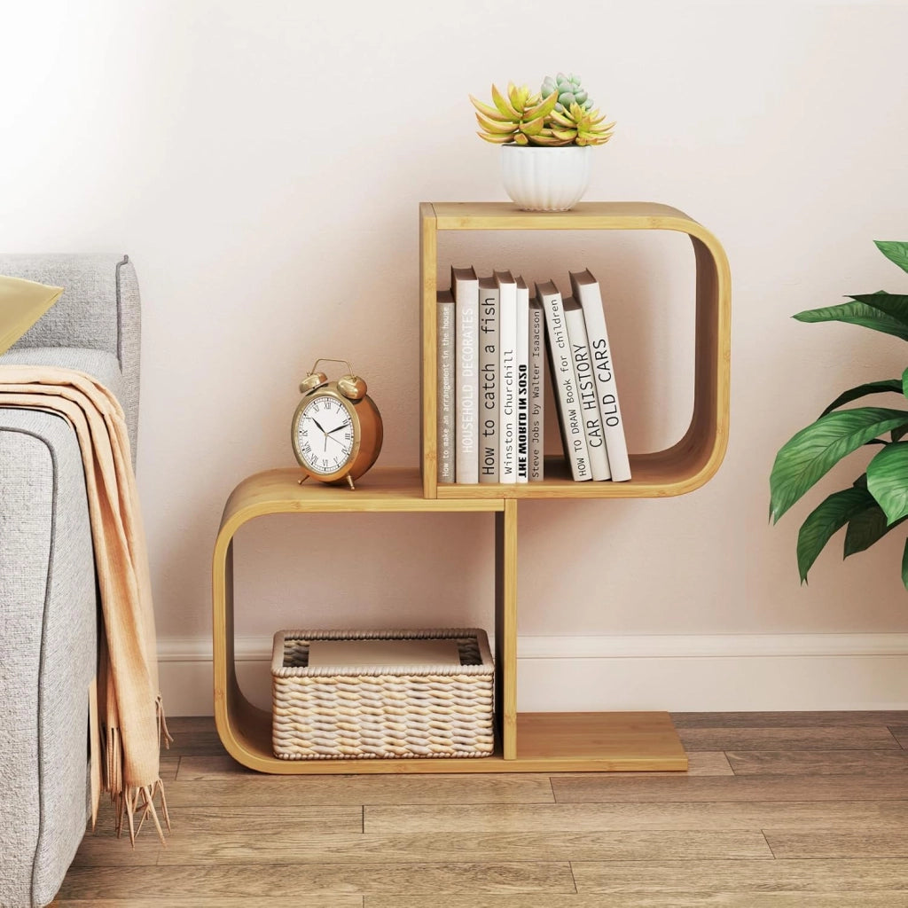 Libreria a 2 Cubi Forma di S, Libreria Bassa Scaffale in Bamboo, Libreria Design Moderna Salvaspazio Piccola da Terra, per Soggiorno, Studio e Ufficio, 61 x 23 x 66,5 cm, Naturale (2 Livelli)