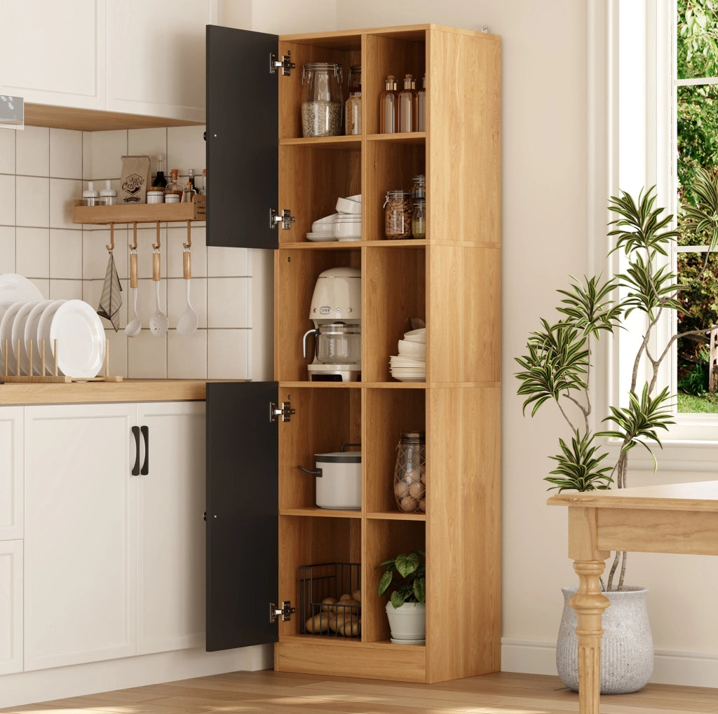 Armadio angolare alto con 6 ripiani aperti e 2 ante 50x35;5x170 cm in MDF nero e naturale