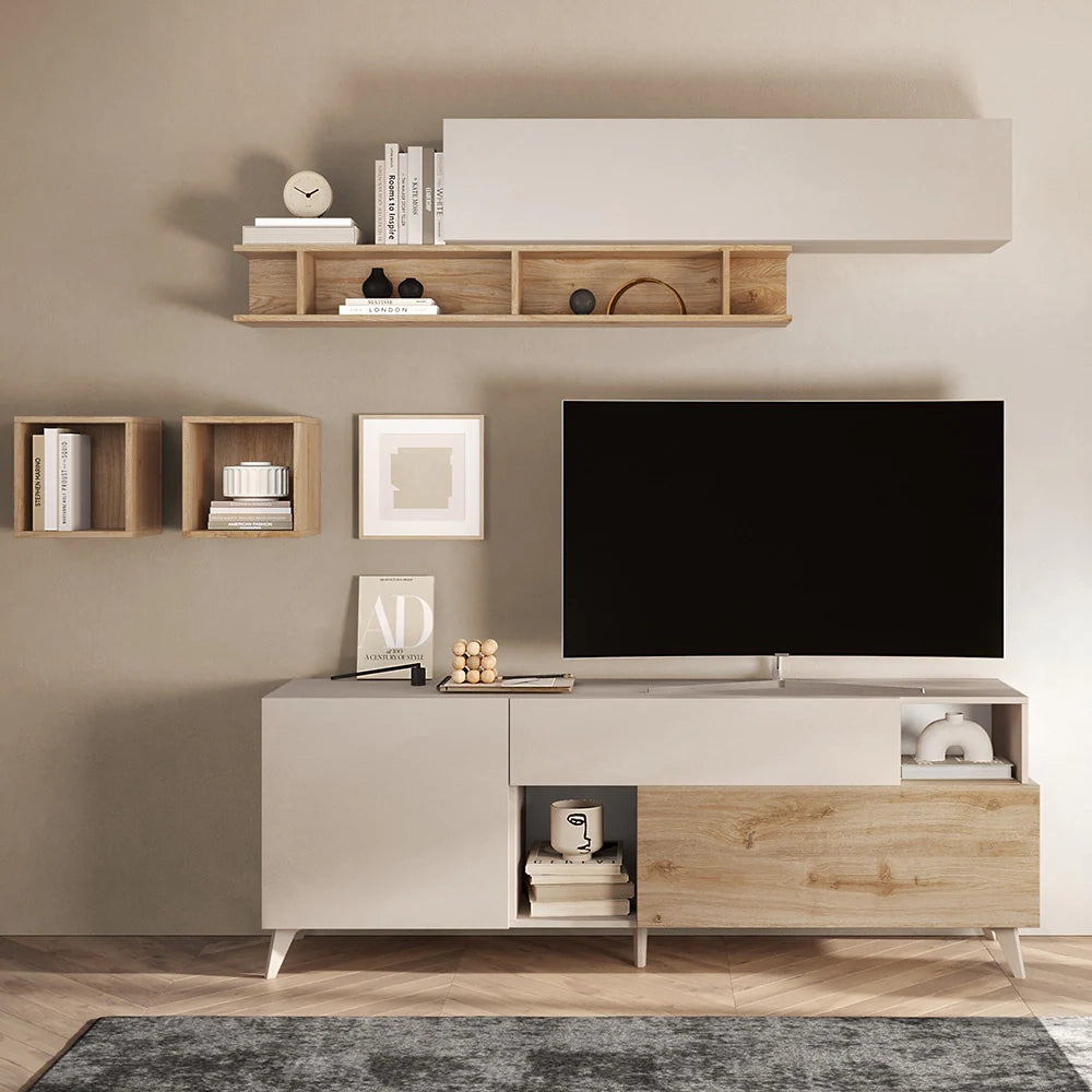 Mobile porta TV 1 anta, 1 cassetto, 1 ribalta e 2 vani Linea MONACO L 181 x H 67 x P 42, realizzato in legno 100% MADE IN ITALY, design moderno per cucina, sala da pranzo, soggiorno colore Cashmere/Rovere