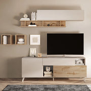 Mobile porta TV 1 anta, 1 cassetto, 1 ribalta e 2 vani Linea MONACO L 181 x H 67 x P 42, realizzato in legno 100% MADE IN ITALY, design moderno per cucina, sala da pranzo, soggiorno colore Cashmere/Rovere