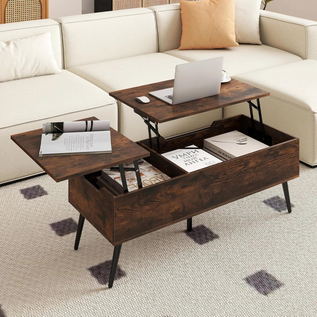 Tavolino da Caffè con Piano Sollevabile, Tavolino Moderno con 2 Scomparti Nascosti e Gambe in Metallo, Tavolo per Soggiorno, Studio e Ufficio, 111 x 48 x 40-53,5 cm (Marrone)