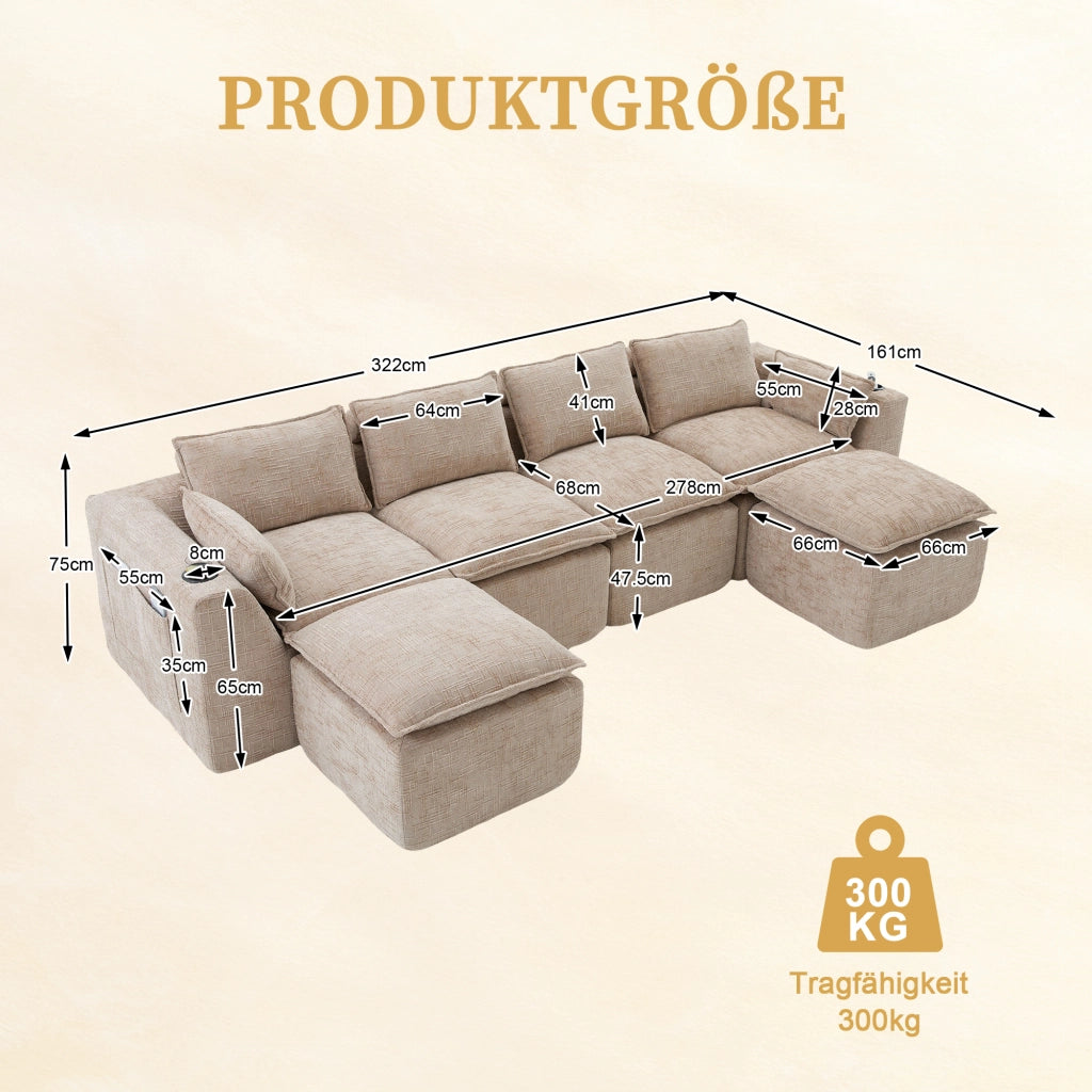 Divano modulare 4 posti con tasche laterali, cuscini e anima a molle, in ciniglia khaki per soggiorno 322 × 161 × 75 cm