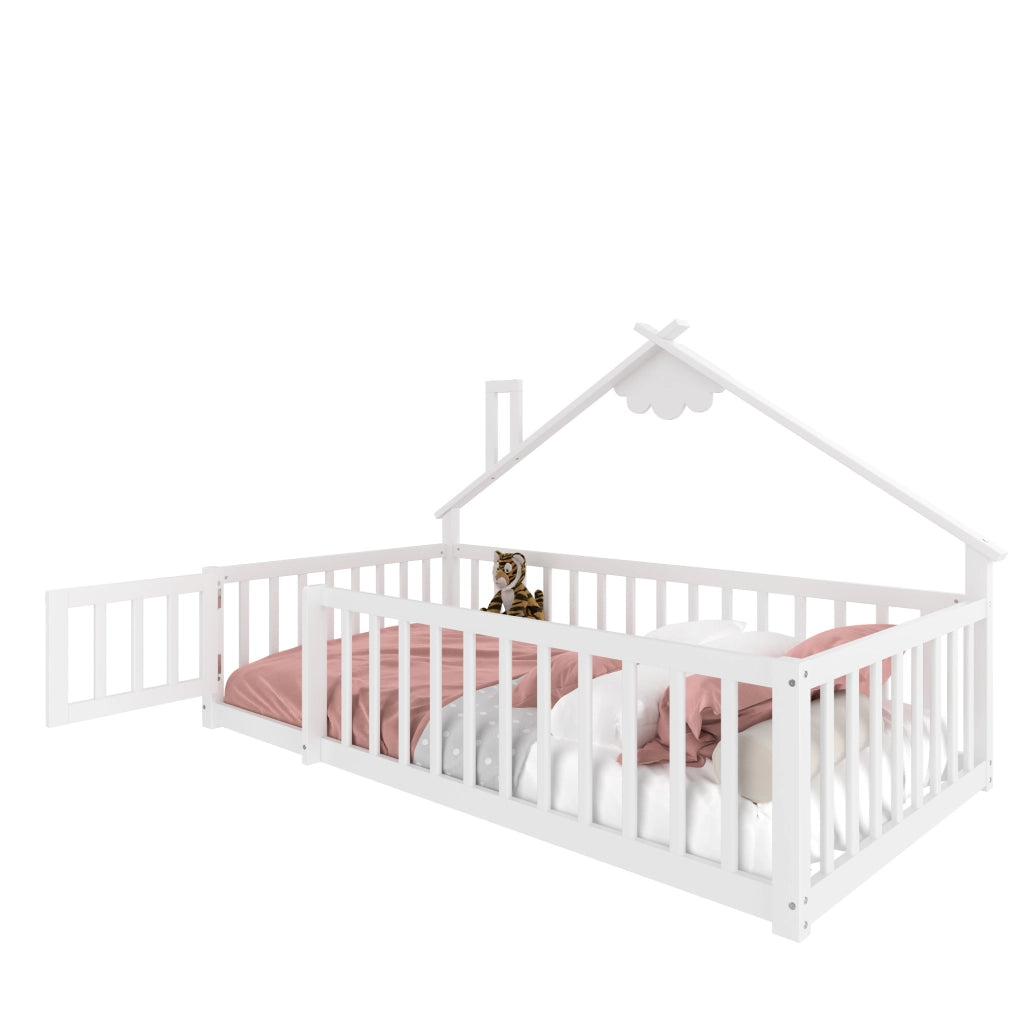 Letto per bambini 90x190 cm; casetta con sponda di sicurezza; legno e MDF; bianco (Senza materasso)