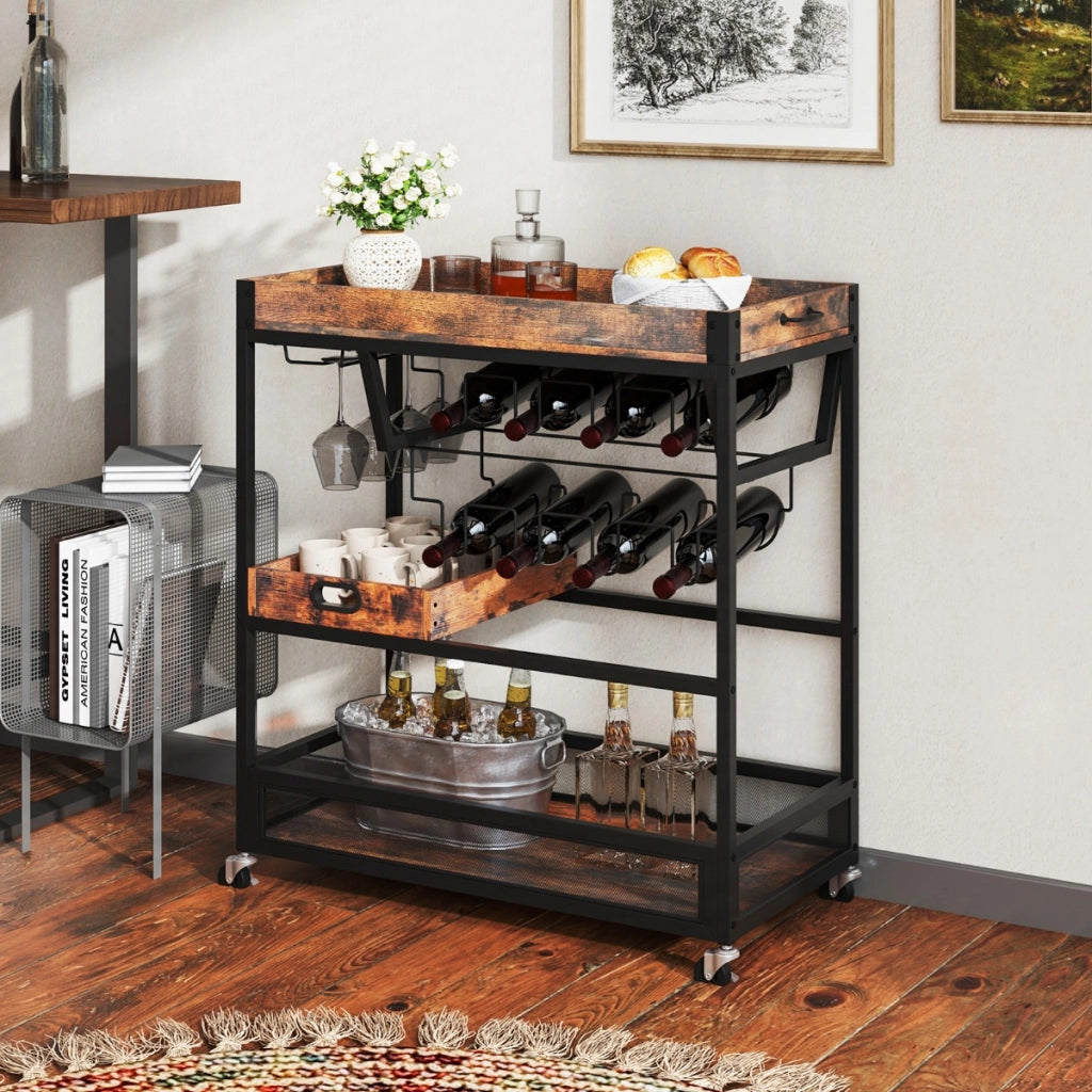 Carrello bar per casa con vassoio rimovibile, Carrello da cucina a 3 piani con ruote bloccabili Marrone scuro-Carrelli