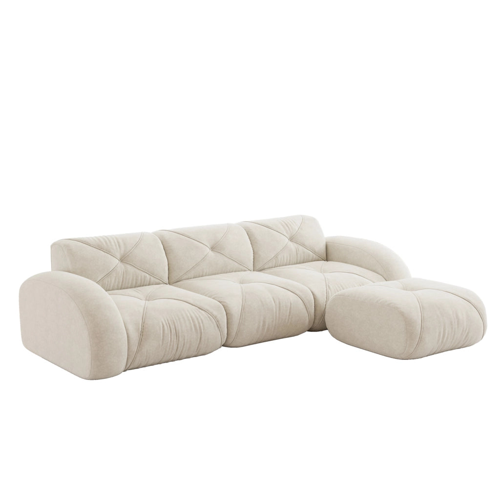 Divano modulare 3 posti con pouf in ciniglia beige chiaro HOMVRA