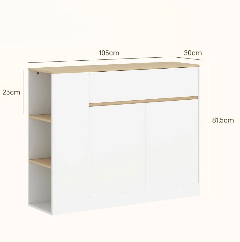 Mobiletto laterale da cucina bianco con cassetto e ripiani regolabili 105x30x81,5 cm