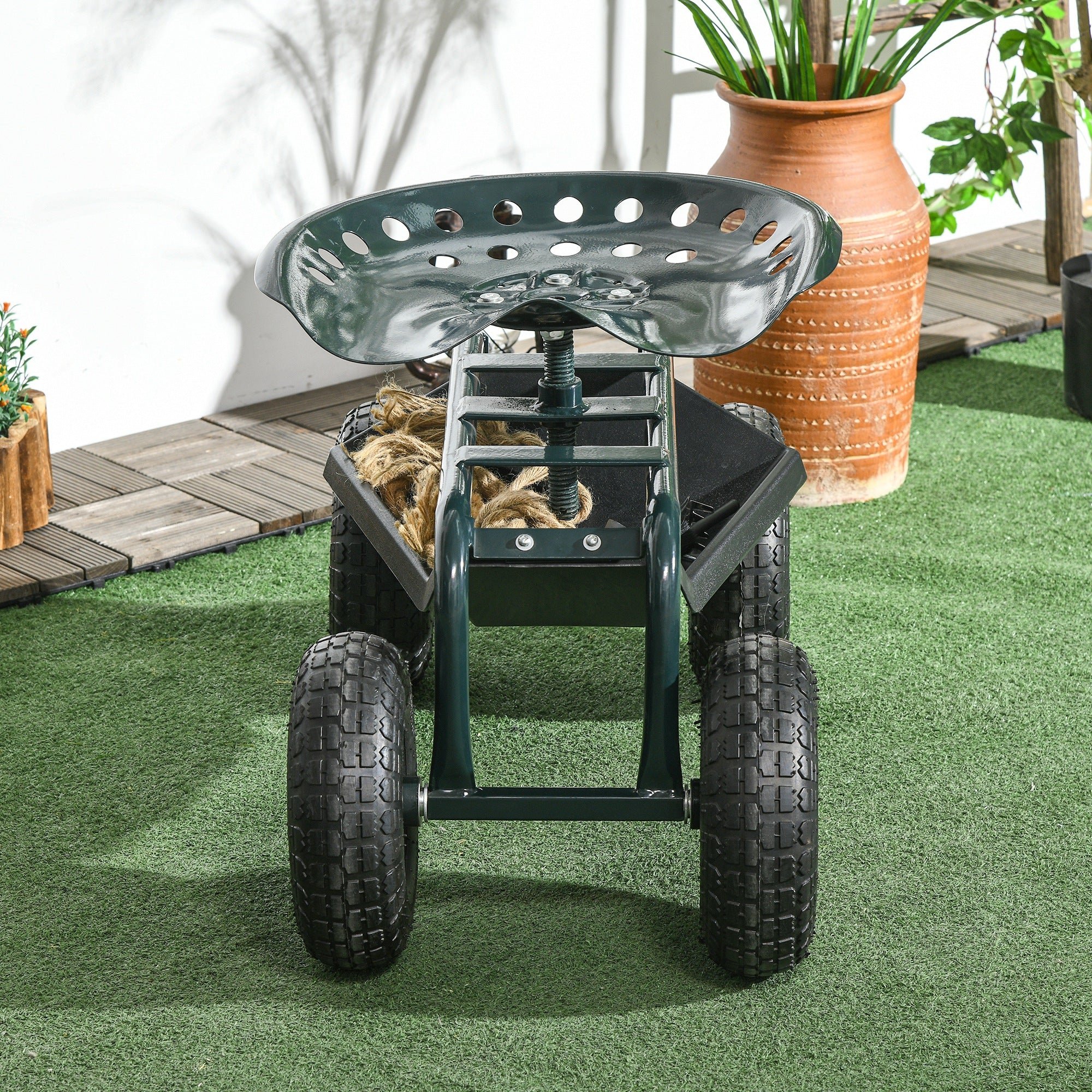 Carrello da Giardino 83x36.5x45-60 cm con Sedile Regolabile e Vassoio Inferiore in Acciaio e PP Verde Scuro