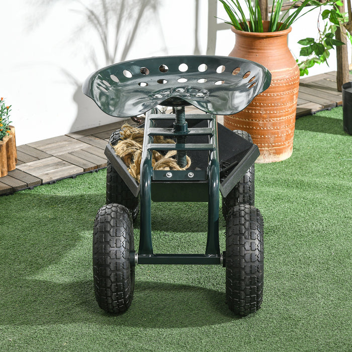 Carrello da Giardino 83x36.5x45-60 cm con Sedile Regolabile e Vassoio Inferiore in Acciaio e PP Verde Scuro