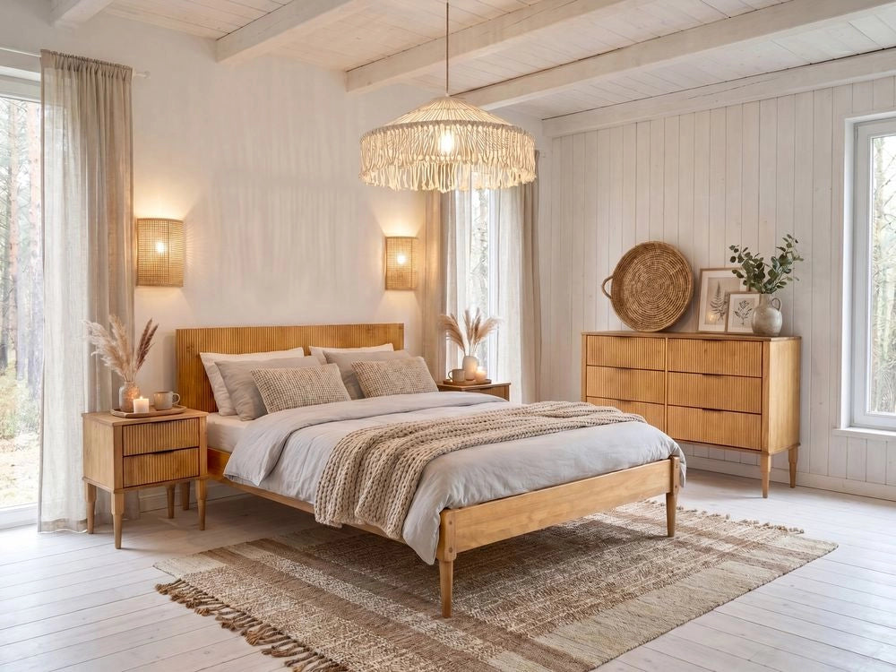 Set da camera da letto in legno di pino letto matrimoniale con 2 comodini e cassettiera a 6 cassetti 140 x 200 cm marrone chiaro stile scandinavo