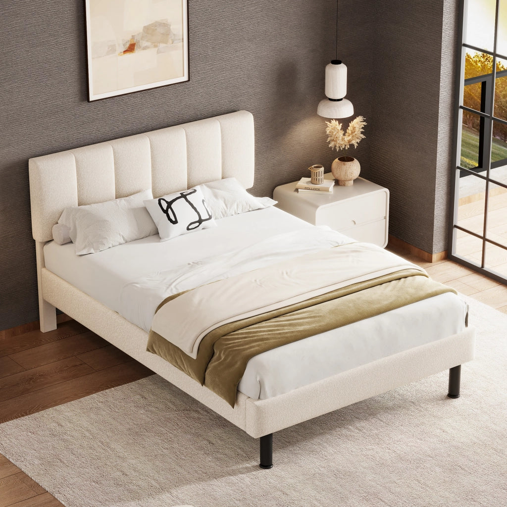 Letto imbottito 140x190 cm in Sherpa beige con rete a doghe e piedi in ferro