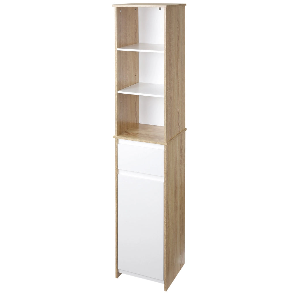 Mobile Bagno a Colonna con Ripiani, Armadietto e Cassetto ¨C zephmum ¨C Bianco, Legno, 32.6x30x171.2cm