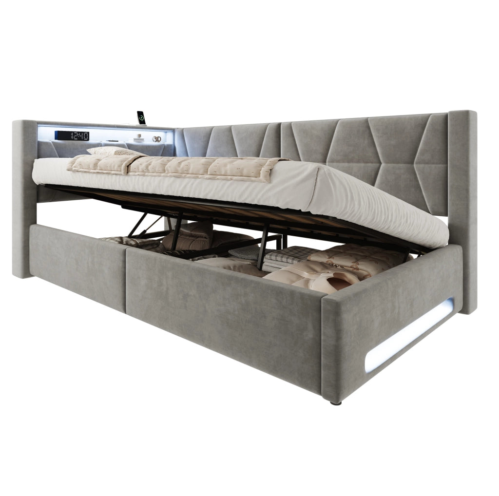 Letto imbottito 90x200 cm con contenitore, LED, USB e Type-C