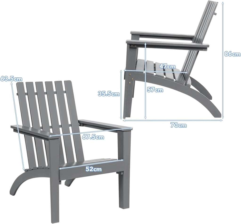 Adirondack - Sedia da giardino in legno di acacia, con schienale e braccioli, ergonomica, da giardino fino a 160 kg, per balcone, giardino, spiaggia (grigio)