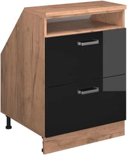 Mobile sottotetto Rion, Nero lucido, 60 x 81.6 cm con 2 cassetti, carcassa 60 cm profondità, adatto per il salvaspazio sotto tetti spioventi