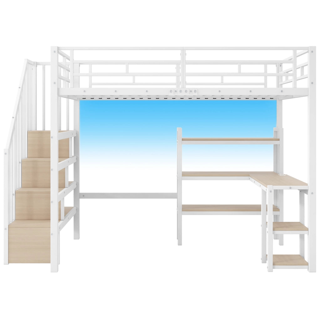 Letto a soppalco in metallo 140x200 cm con scala; scrivania integrata; ripiani e LED; bianco