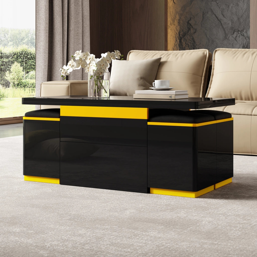 Tavolino da caffè 100x50x43 cm; sollevabile e pieghevole con contenitore; MDF e pannello truciolare nero