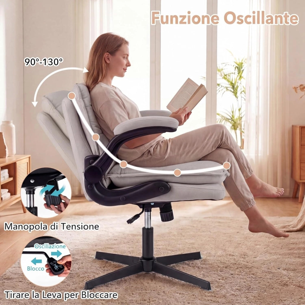 Sedia da Ufficio, Poltrona Relax Altezza Regolabile (Senza Ruote) | Funzione Dondolo, Braccioli Ribaltabili e Base Robusta, per Ufficio Studio Soggiorno, Portata 150 kg