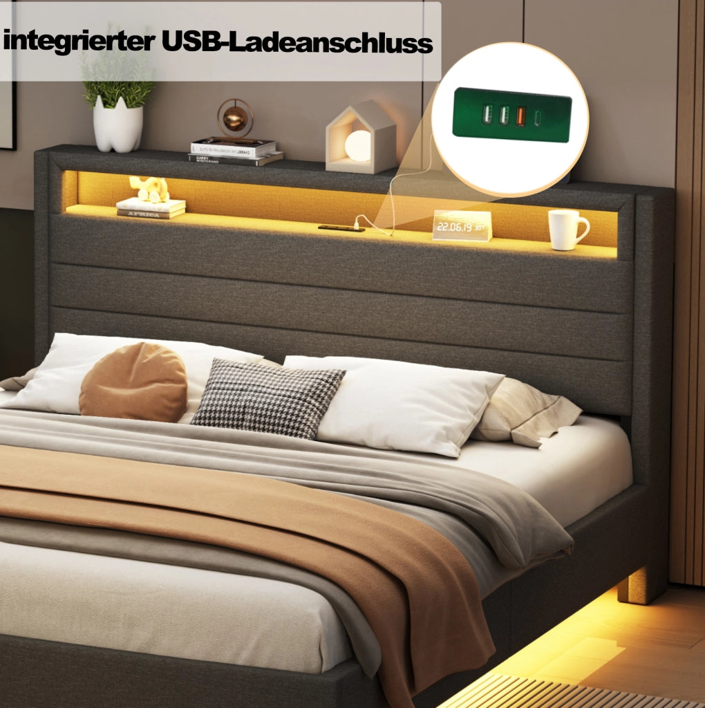 Letto matrimoniale imbottito 160x200 cm grigio in tessuto effetto lino con USB e LED