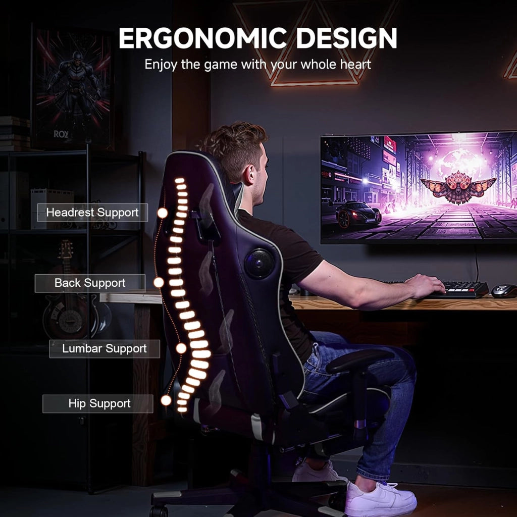 Sedia da gioco con poggiapiedi, altoparlante Bluetooth, sedia da gioco, ergonomica, sedia da ufficio, sedia da scrivania con barrières Réglables, 200 kg, grigio