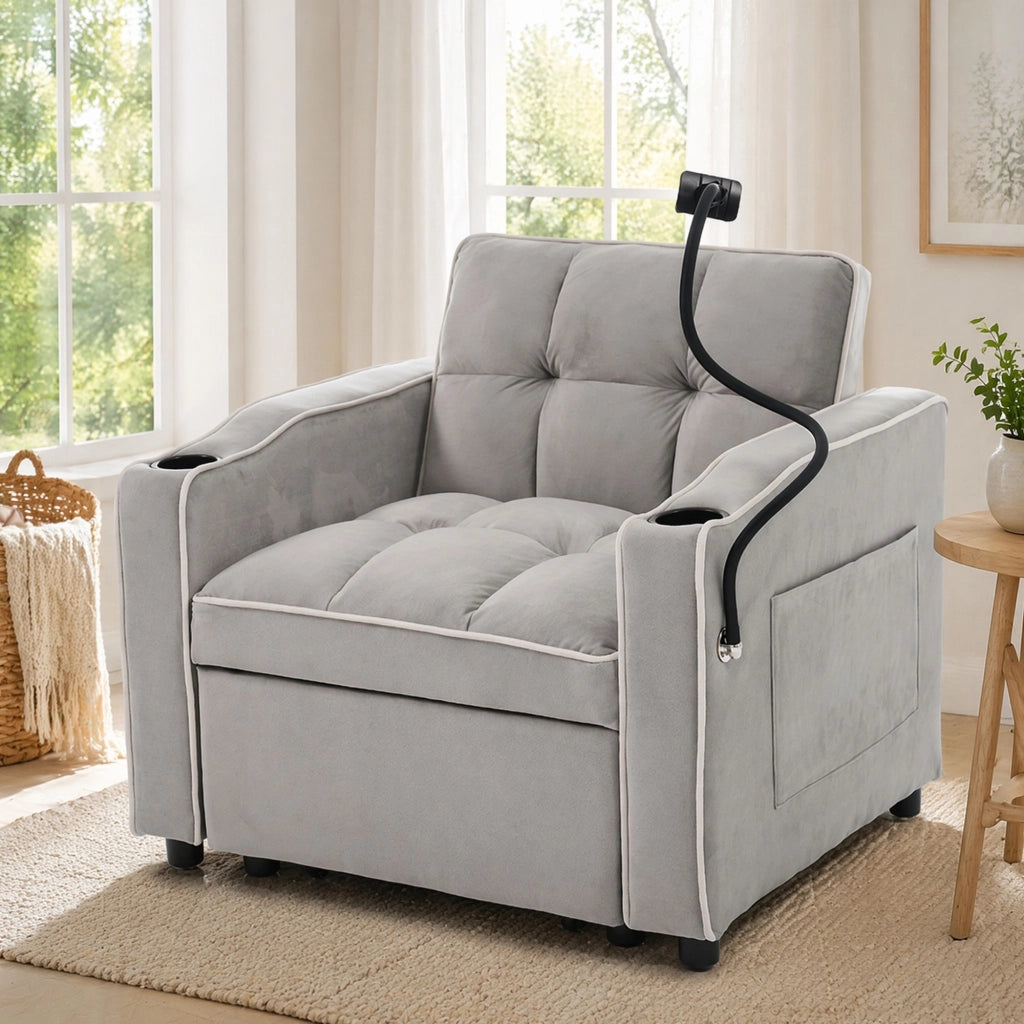 Divano letto convertibile con portabicchieri e supporto telefono, in schiuma, grigio bianco antico 83 × 167 × 76 cm