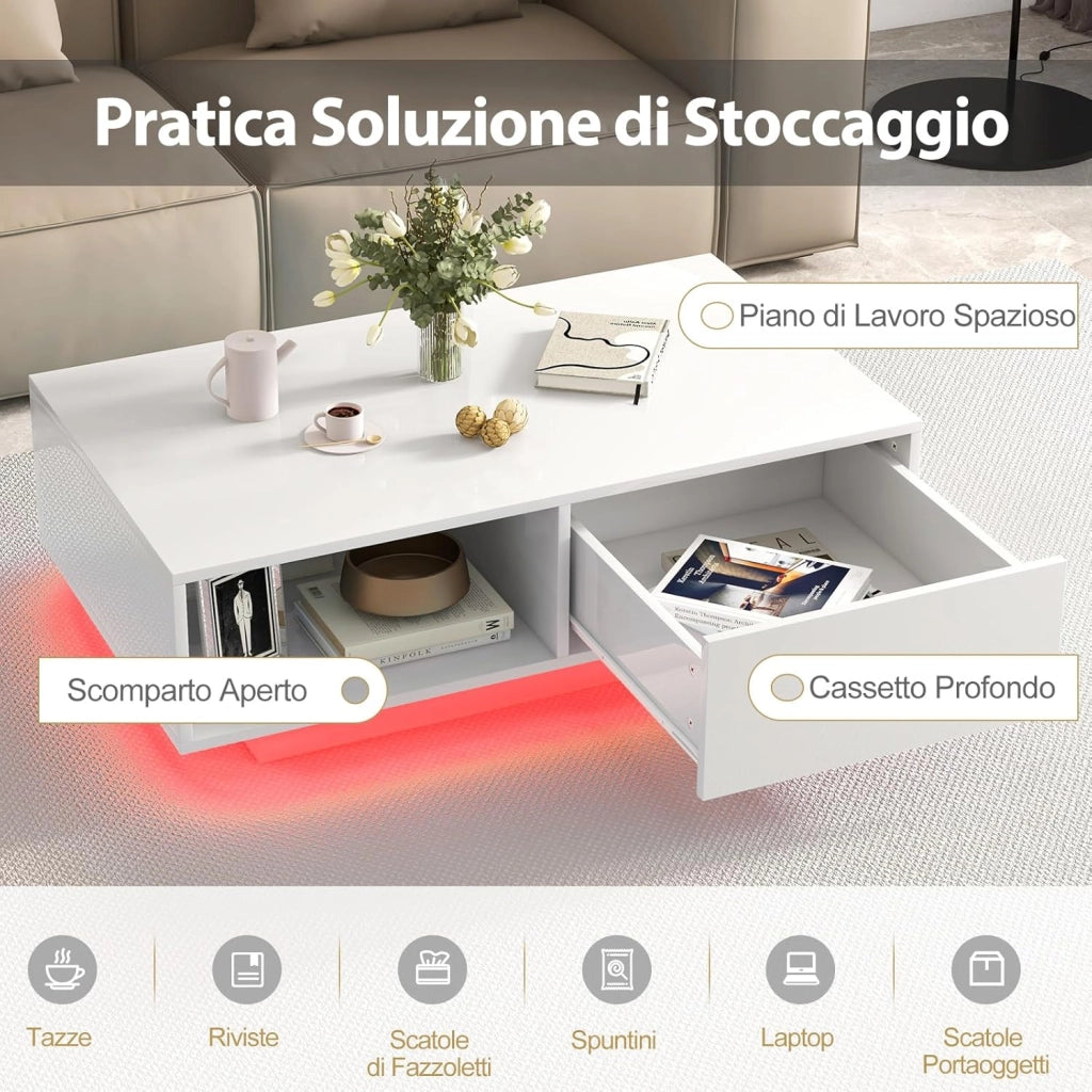 Tavolino da Salotto in Legno, Tavolino Moderno e Rettangolare con 20 Colori di Luci a LED, Telecomando, Cassetto e Ripiano Aperto, Tavolino per Studio e Ufficio (Bianco)
