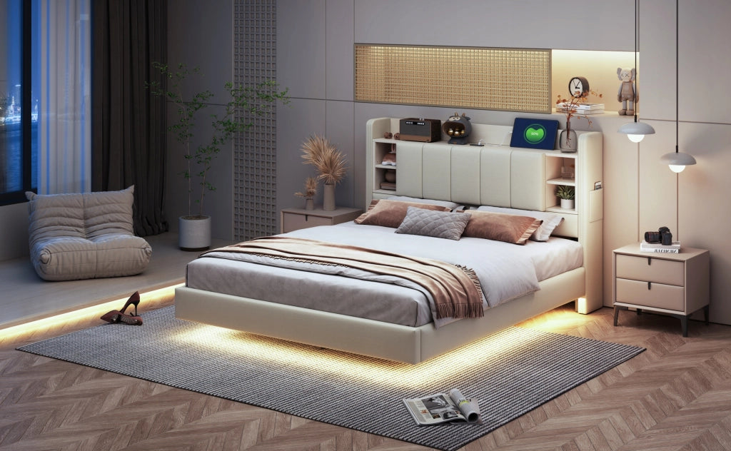 Letto imbottito 140x200 - Xylo - Beige con USB e illuminazione