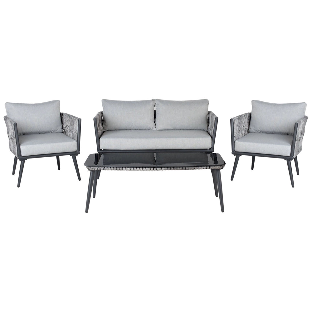 Set Conversazione Giardino Nero Rattan Sintetico Grigio Cuscini Da Esterno 4 Posti Con Tavolino
