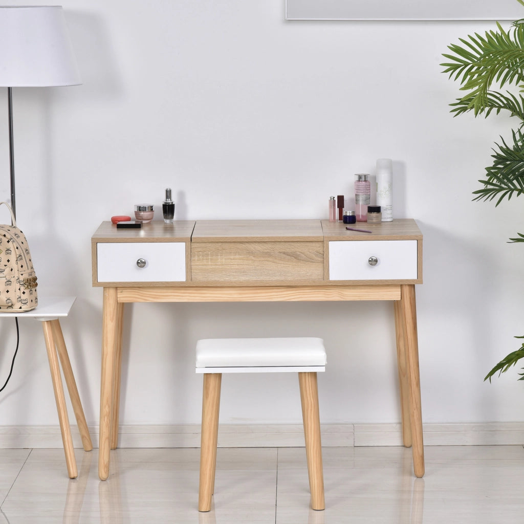 Tocador con specchio abatibile e sgabello imbottito ¨C zephmum ¨C colore naturale 100x45x118 cm