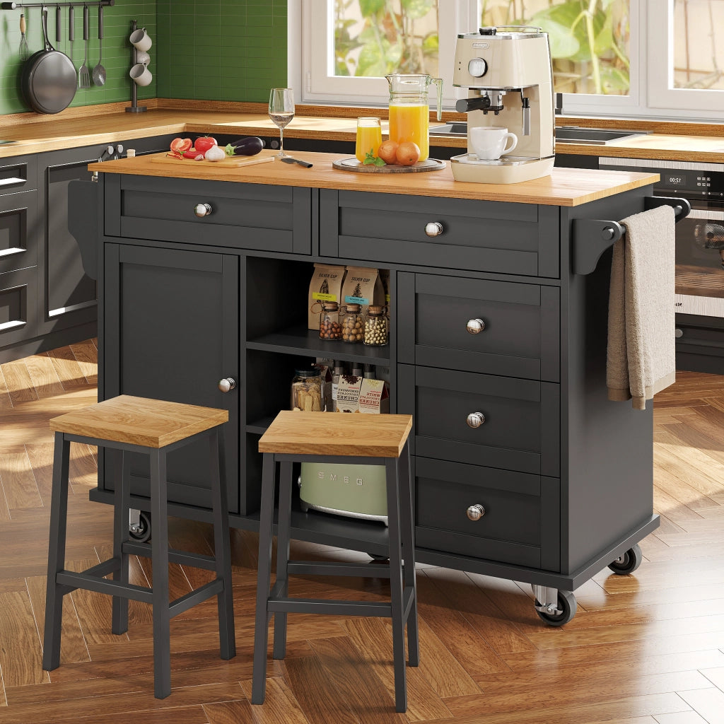 OKWISH Carrello da cucina con 5 cassetti, 1 armadietto, 2 vani, ripiano regolabile e ruote, per cucina, 134×46×92 cm