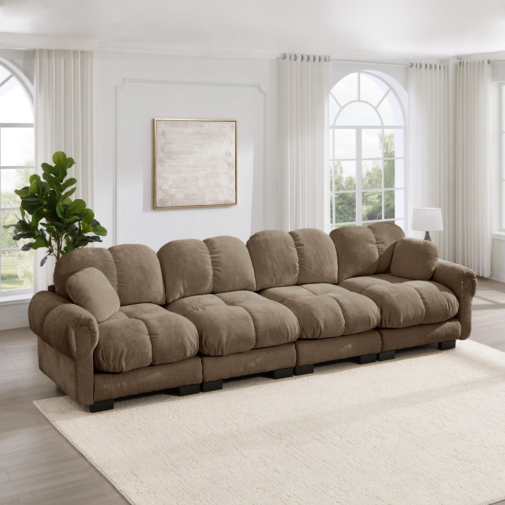 Divano modulare in chenille con seduta imbottita e schienale ergonomico e braccioli curvi marrone 330 × 86 × 90 cm