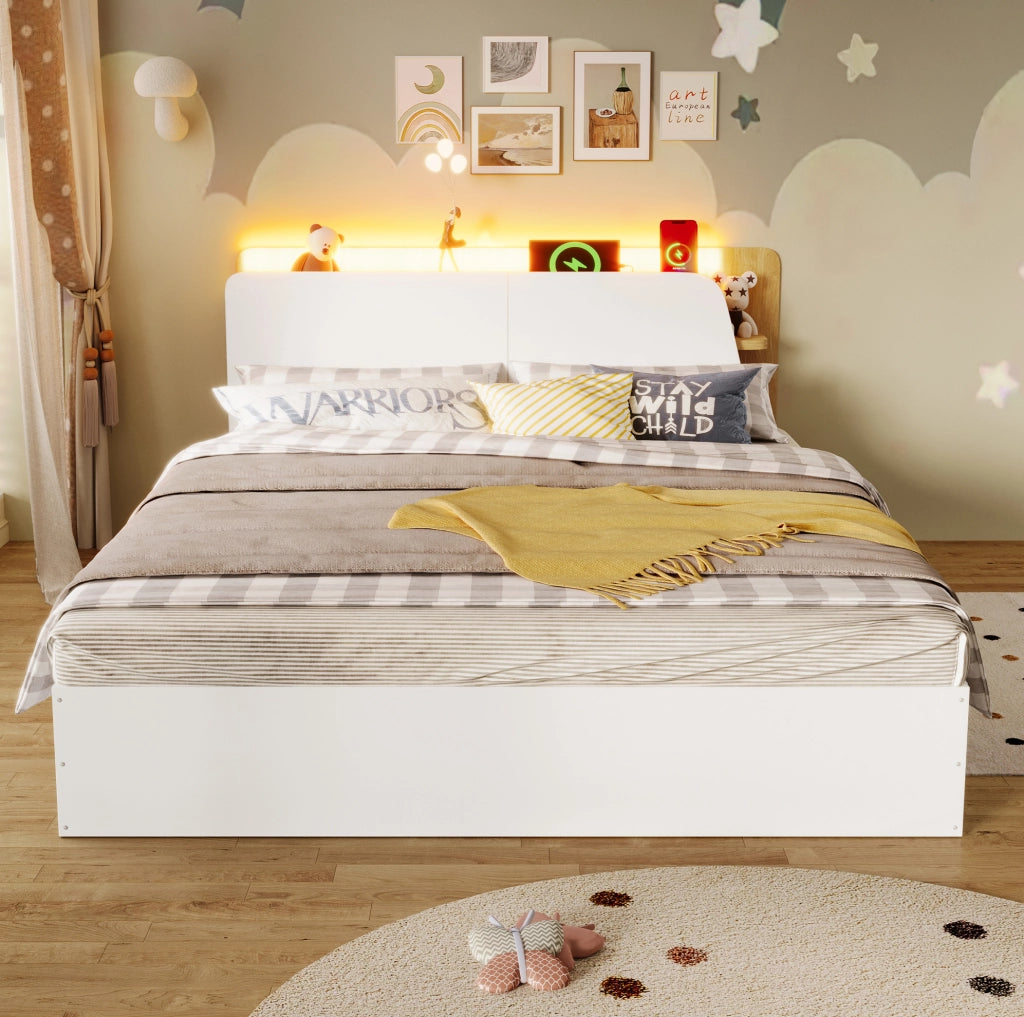 Letto matrimoniale 140x200 cm con contenitore idraulico; LED; USB e USB-C; bianco e naturale