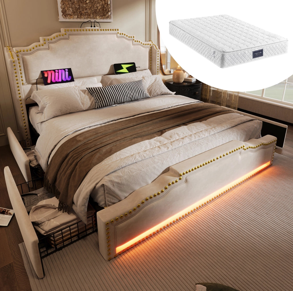 Letto 140x200 con 4 cassetti; LED; USB e Type-C; velluto beige