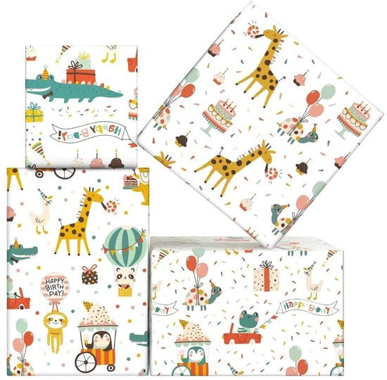 Pacchi di compleanno - Jungle Animali - 8 fogli - 50x70cm - Adatto per bambini - Giraffa Rana Coccodrillo Orso panda