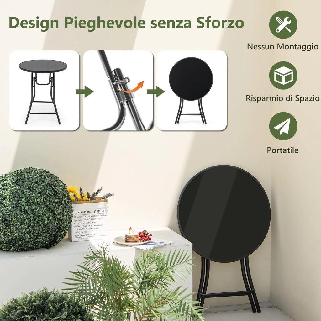 Tavolino Pieghevole da Esterno, Tavolo Rotondo 59 cm, con Ripiano in Vetro Temperato, Struttura Metallica, Portata 50 kg, per Terrazza, Balcone, Giardino, Piscina