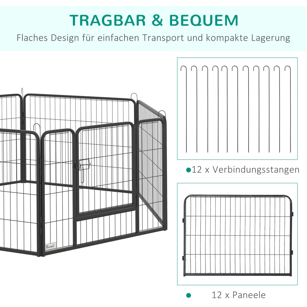 Area giochi modulare con 12 pannelli e porta pieghevole per cani in acciaio nero per interni ed esterni 80 × 60 cm