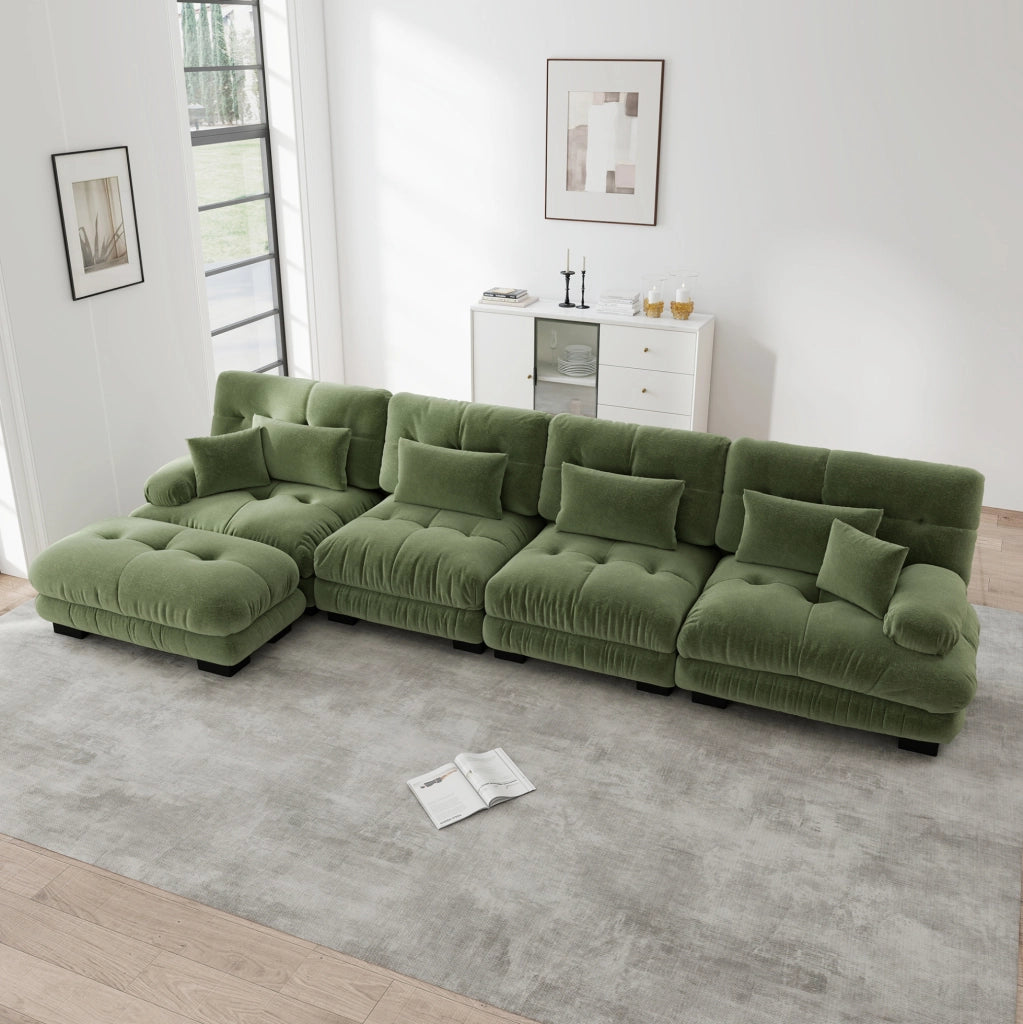 Divano modulare 4 posti con ottomane mobili; configurazione angolare o lineare; chenille verde