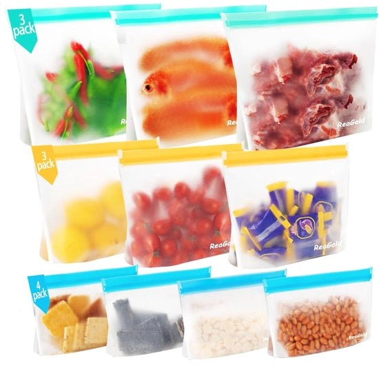 Confezione da 10 pezzi di sacchi per congelatore riutilizzabili con fondo in piedi, sacchi per conservazione alimentare in silicone, sacchetti per panini, sacchi per verdure, latte, snack e carne