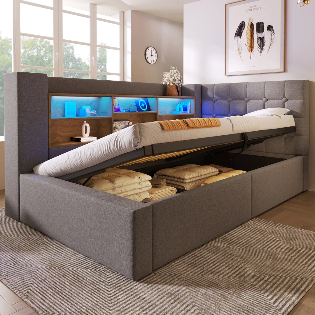 Letto singolo 90x200 cm con LED, contenitore e testiera L reversibile
